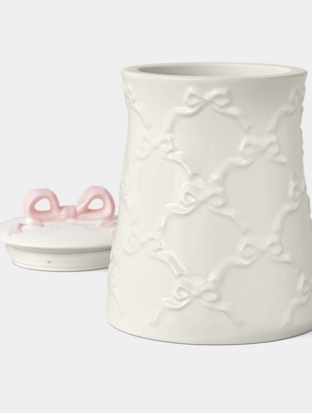 🆕- White Ceramic Decorative Canister Set with Pink Ribbon Accents - Picture 6 of 10